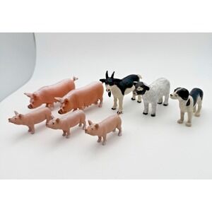 1989 Funrise ~ 8 Farm Animals Figurines Pig Sow Piglets Dog Goat Sheep Lamb Vtg